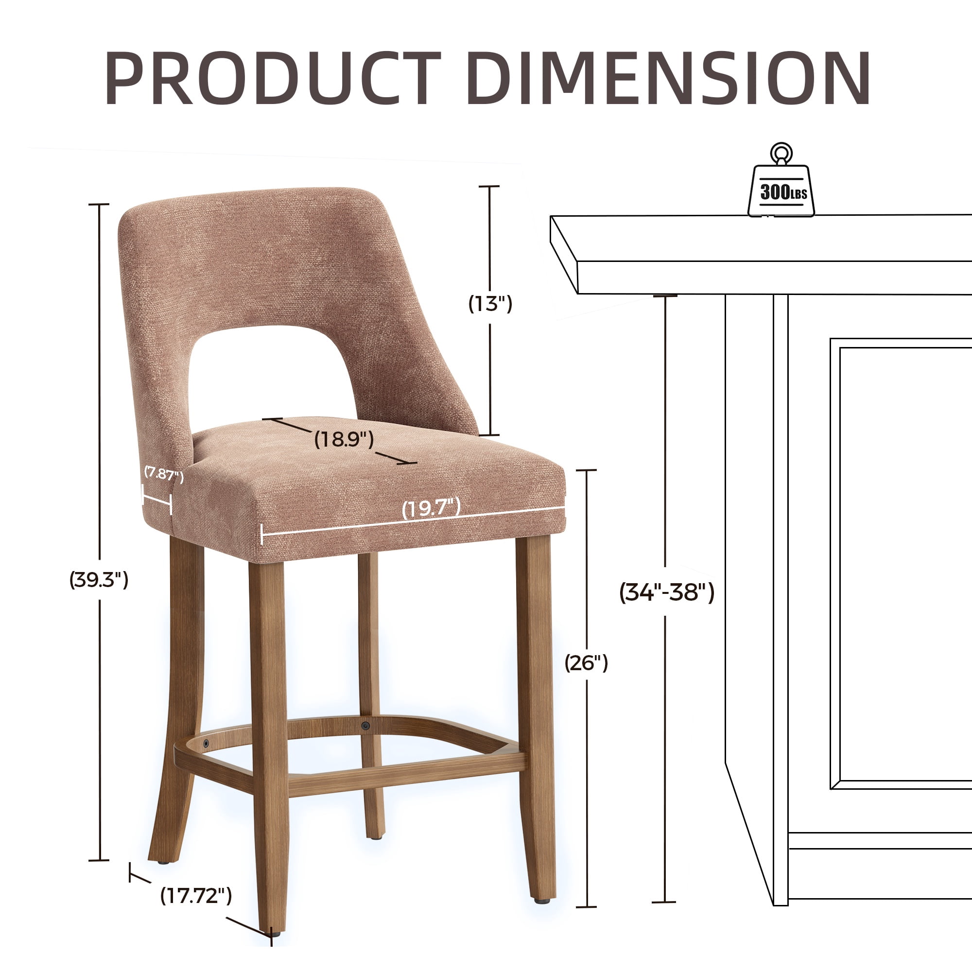PORKISS 26" Bar Stools Set of 2, Upholstered Kitchen Island Stools with Hollow Back, Mid-Century Counter Stools with Wood Legs Footrest, Khaki