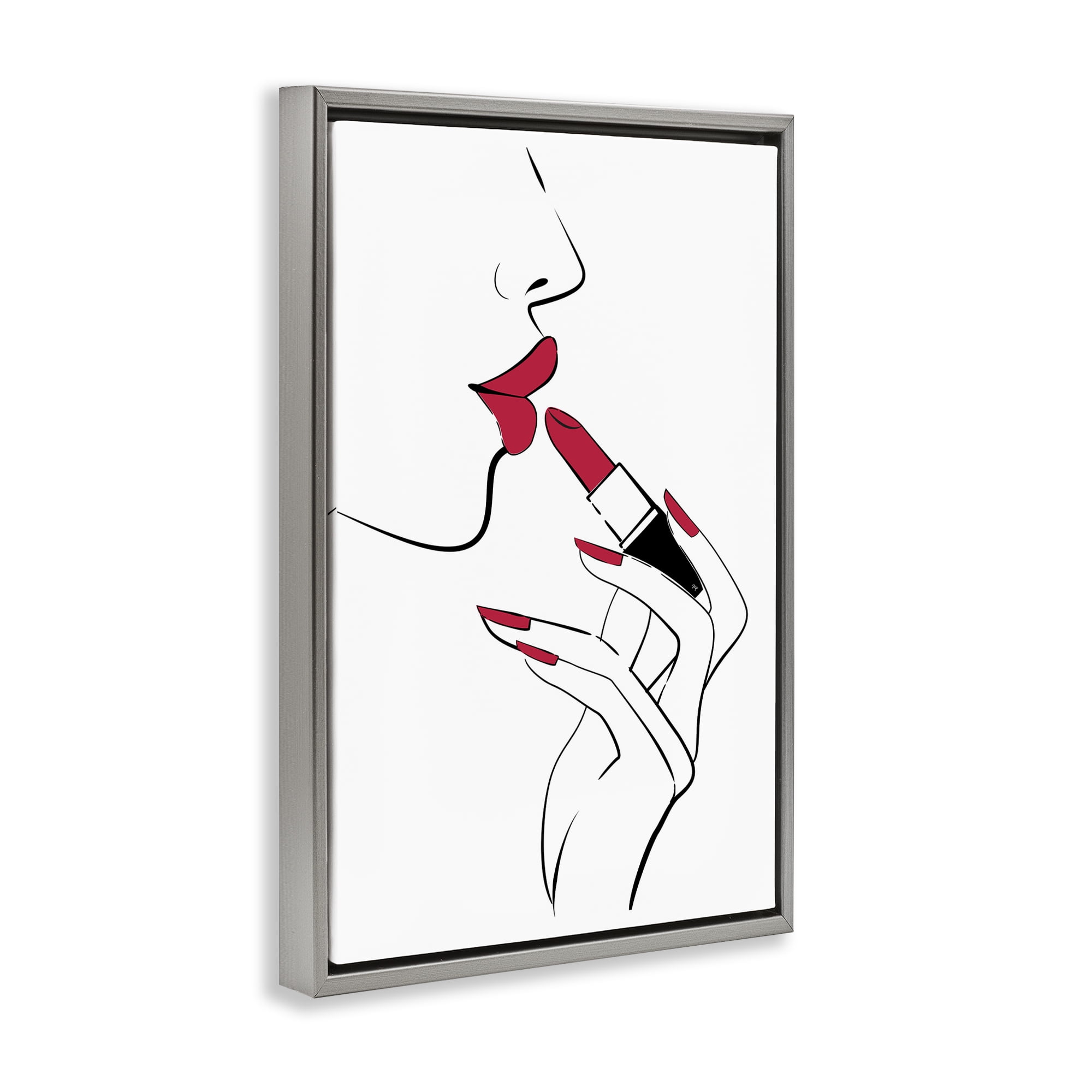 Stupell Industries Red Lips Makeup Novelty Painting Gray Floater Framed Art Print Wall Art, 17 x 25