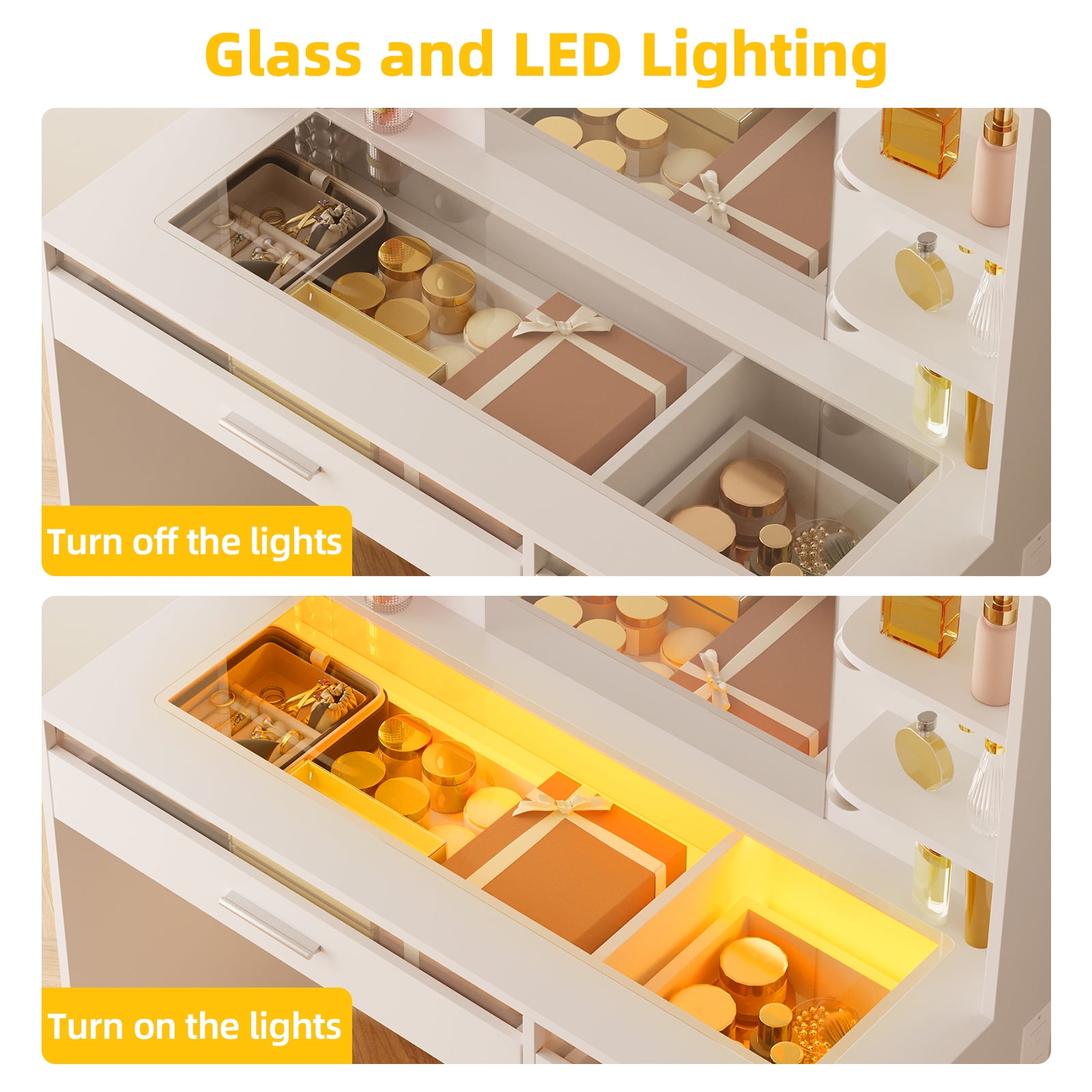 TOMNK White Vanity Desk with Mirror & Lights, Power Outlet, 3 Colors, 2 RGB Drawers, 6 Shelves