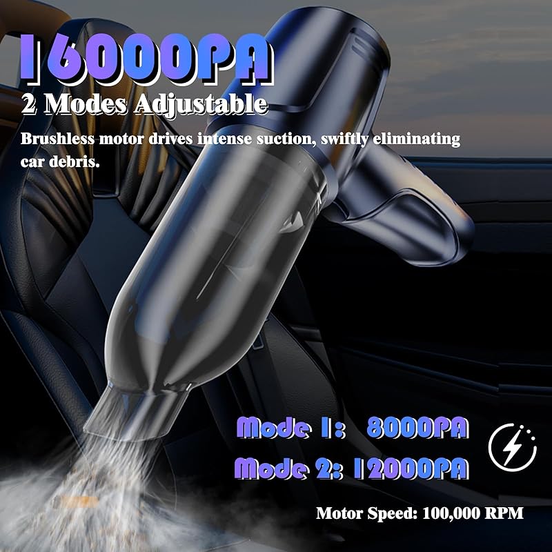 Car Vacuum Portable Cordless, 16000PA Powerful Suction, 5 in 1 Mini Handheld Vacuum Cleaner, Small Car Vacuum Cleaner, Brushless Motor, Air Duster, 4000mAh, Dual Filter, for Cars,Home,Office,Pet