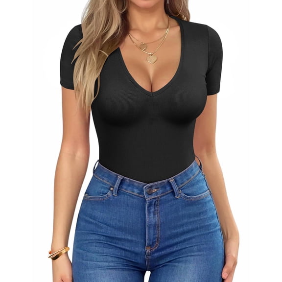 Zeagoo Women's Deep V Neck T-Shirt Summer Short Sleeve Slim Fitted Stretchy Basic Casual Tops