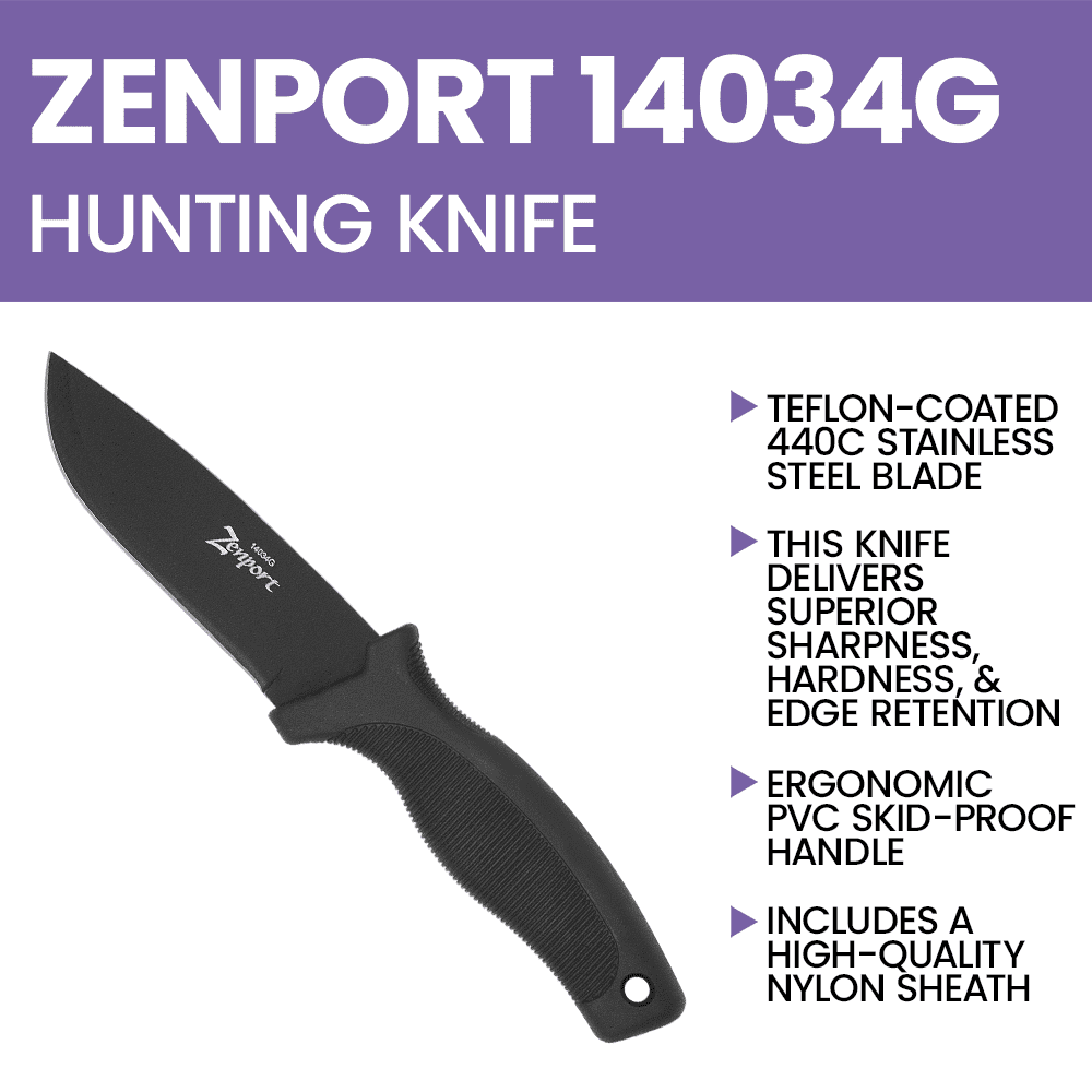 Zenport 14034G Hunting Knife, 9-Inch, 4.2 Inch Stainless Steel Blade, Black - 12 Pack