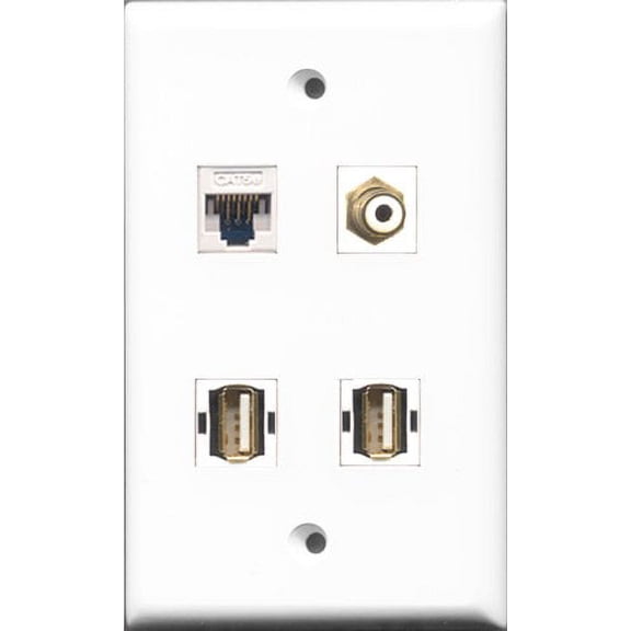 RiteAV 1 Port RCA White 2 Port USB A-A and 1 Port Cat5e Ethernet White Wall Plate