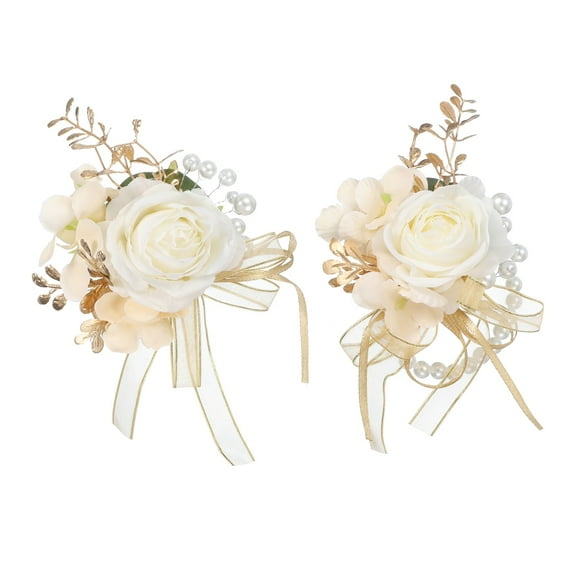 Wrist Corsage and Boutonnieres Set, Artificial Flowers for Wedding, Cream