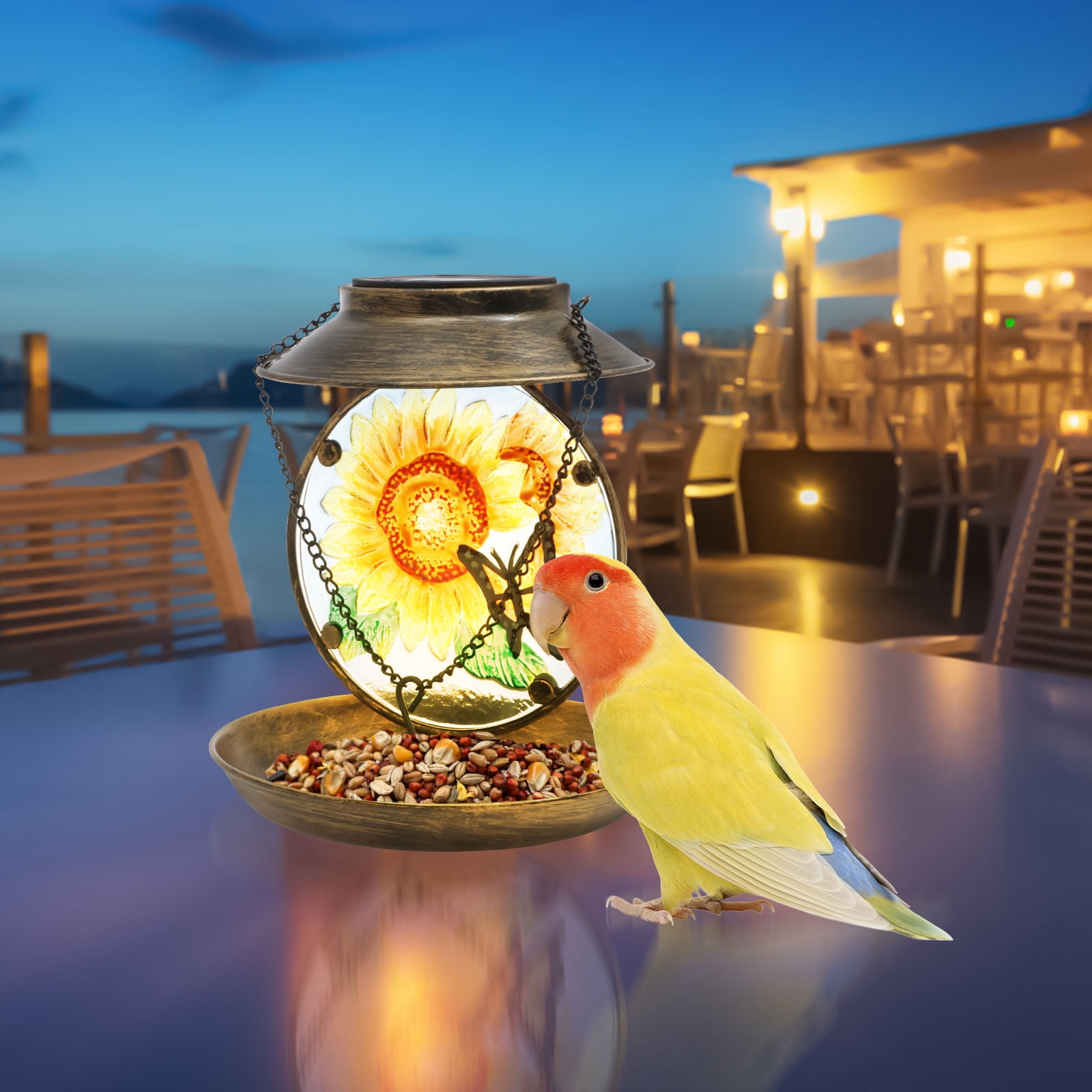 Threns Decorative Solar Bird Feeder Iron and Glass Solar Hummingbird Feeder with Hand Painted Pattern for Yard Patio Garden Outdoor