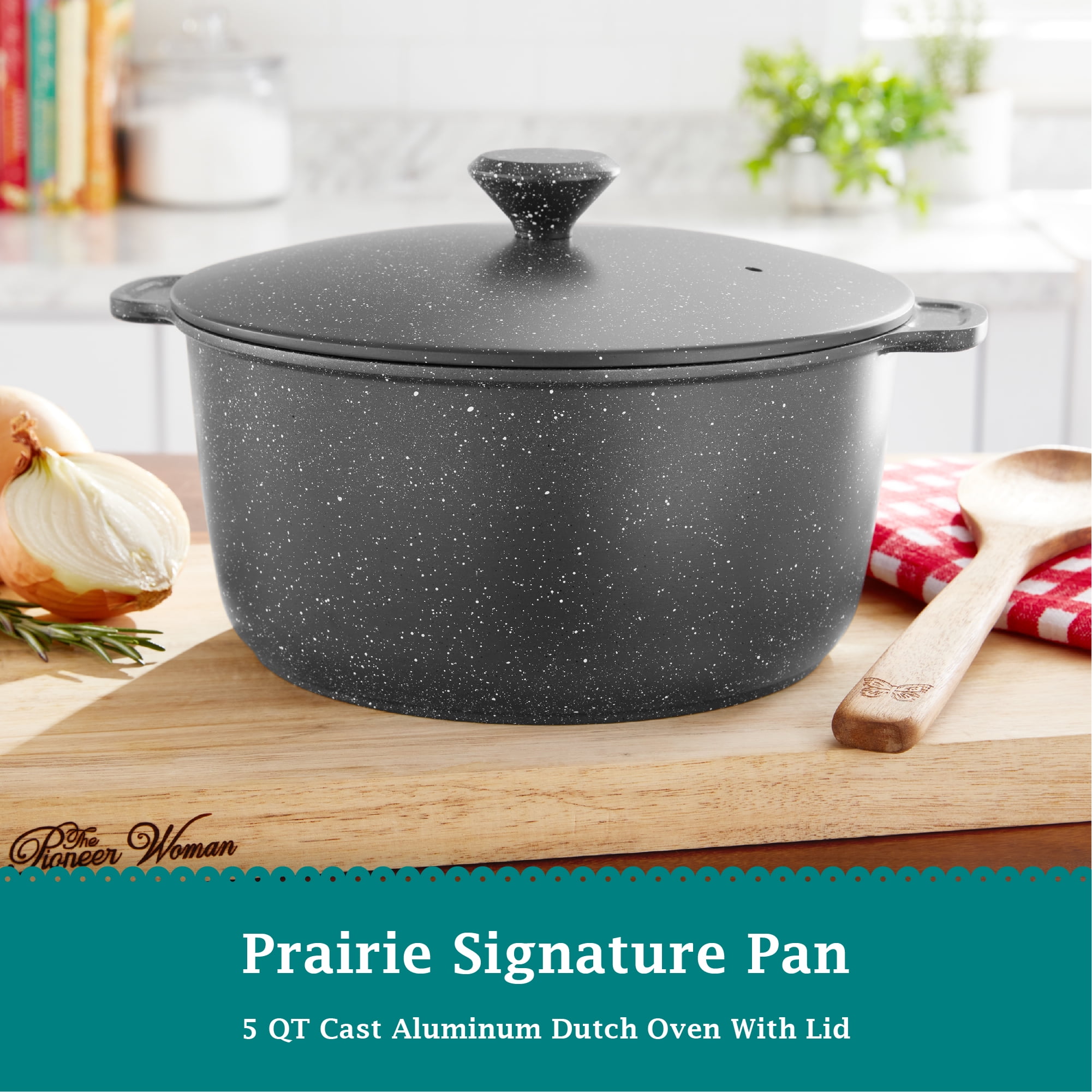The Pioneer Woman Prairie Signature 5 Quart Nonstick Cast Aluminum Dutch Oven, Charcoal Speckle