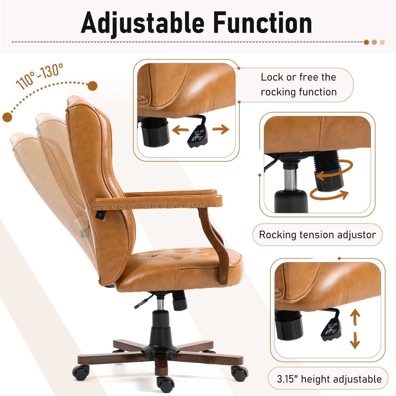 Homhum Ergonomic Executive Office Chair, Tufted Faux Leather Swivel Home Office Desk Chair, Brown