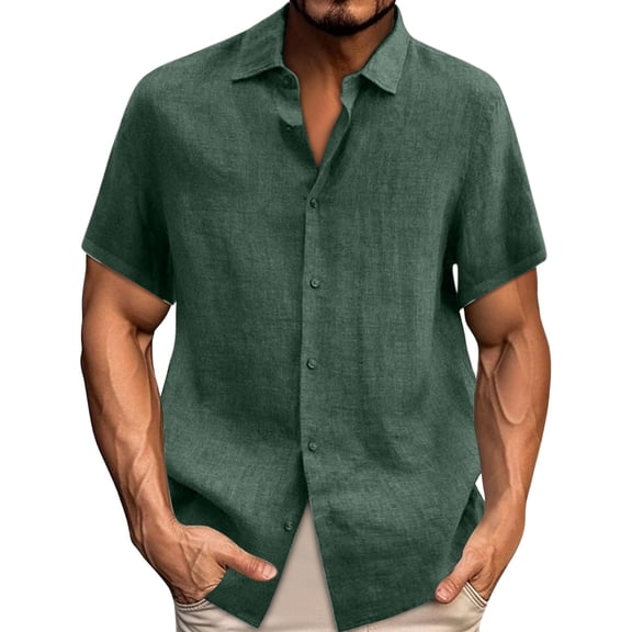 Men's Linen Shirts Casual Short Sleeve Button Down Shirt Beach Vacation Cruise Summer Wedding Cotton Tops Green 4XL