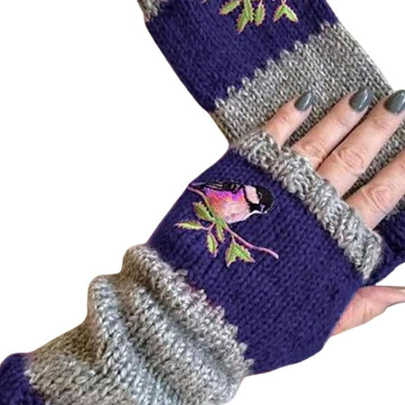 Womens Knitted Fingerless Gloves, Autumn Winter Bird Embroidered Warm Gloves