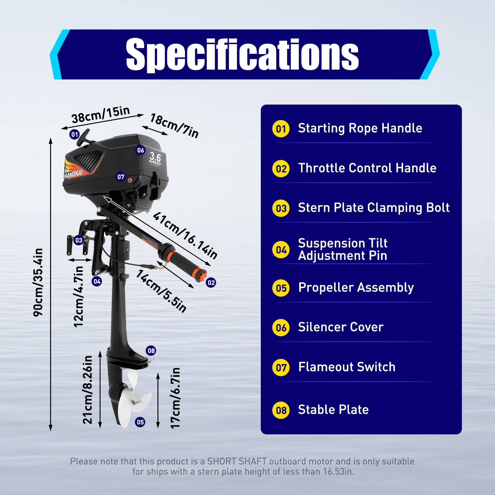 HANGKAI 55CC 2 Stroke 3.6HP Outboard Motor Fishing Boat Engine Water Cooling Air Cooling CDI System Outboard Boat Motor Short Shaft 2600W Boat Motor