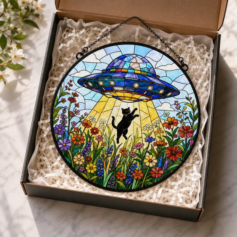 Stained Glass Black Cat UFO Suncatcher, Celestial Alien Window Hanging ...