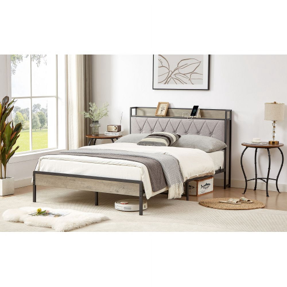 BSHTI Bed Frame with Charging Station Full Size, Grey, 83.1'' L x 56.1'' W x 39.2'' H.