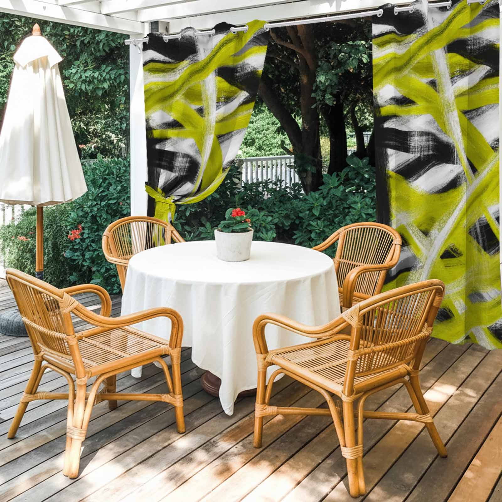 Abstract Yellow Waves Outdoor Curtains for Patio, Modern Minimalist Yellow Black White Crossed Lines Sunshade Privacy Drapes Grommet Waterproof Outside Curtains for Porch Balcony 54"x108", 1 Panel