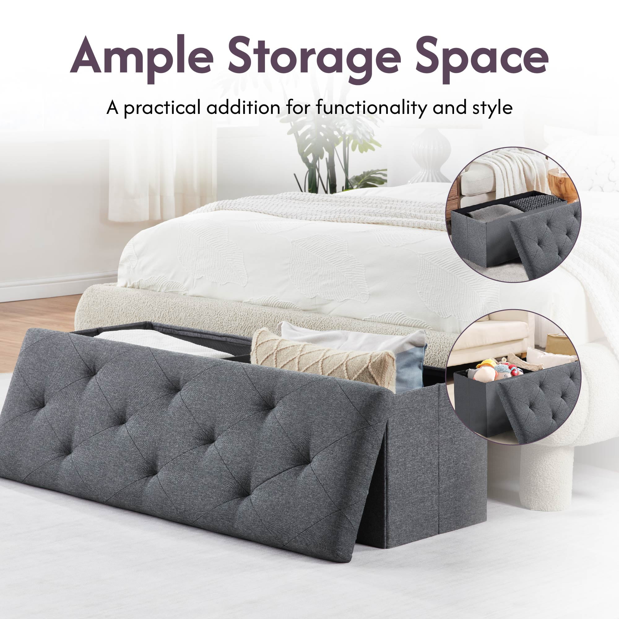 MAYEERTY 43" Folding Storage Ottoman Bench, Upholstered Chest with Lid, Gray