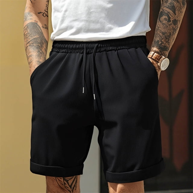 Ceisia Men's Cotton-Linen Blend Casual Shorts Loose Straight-Leg Breathable Summer Shorts with Drawstring Waist Black L Gifts