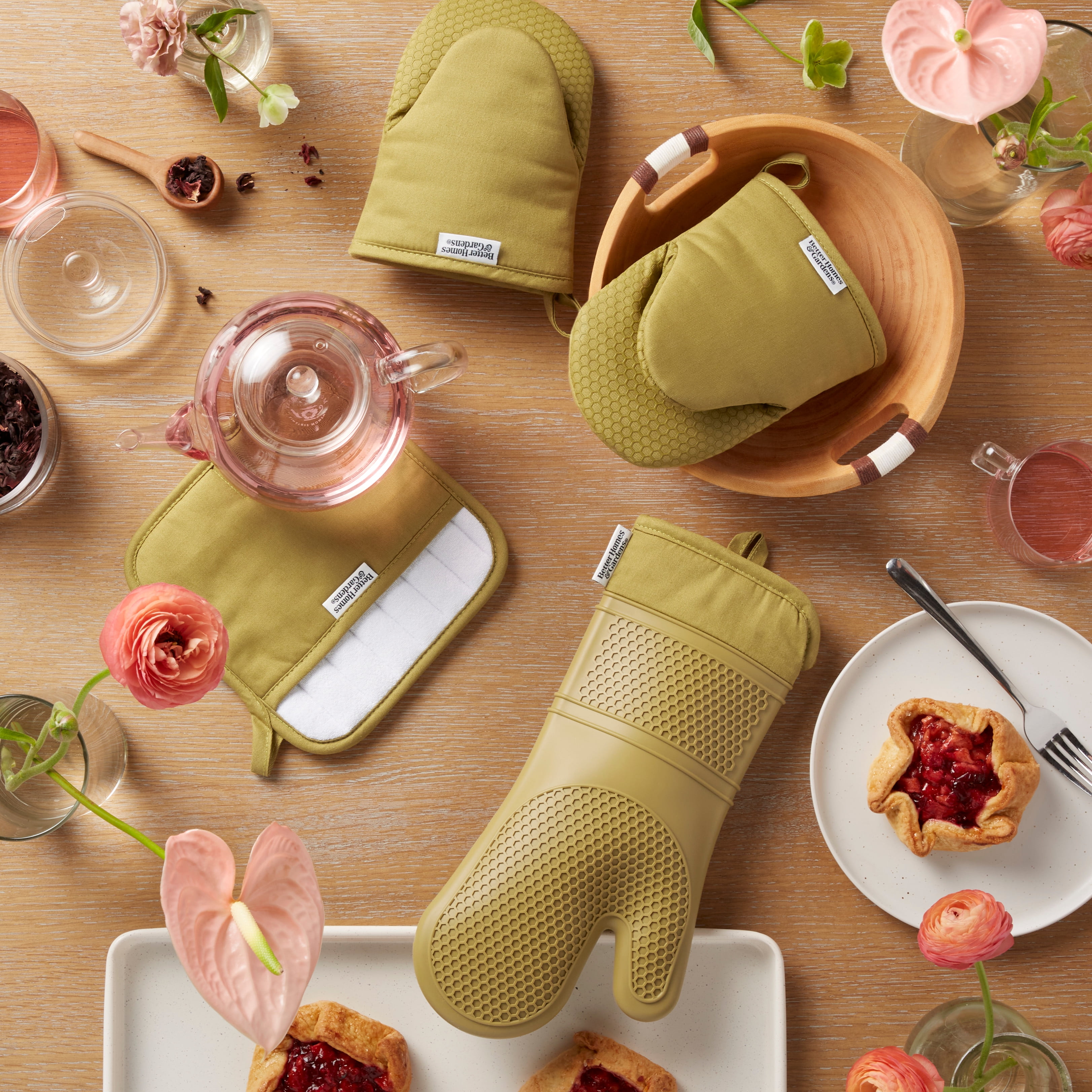 Better Homes & Gardens Honeycomb Silicone and Cotton Oven Mitt, Pot Holder, Mini Mitt Set, Green Saddle, 4 Pieces