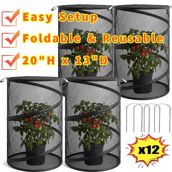 Pop Up Insect & Bird Barrier Plant Cover Net, 13.4"x23.8" Round Foldable Mesh Protector, Garden Cage Guard with Stakes & Carry Bag, Keep Animals & Birds Out for Vegetables and Flowers, White