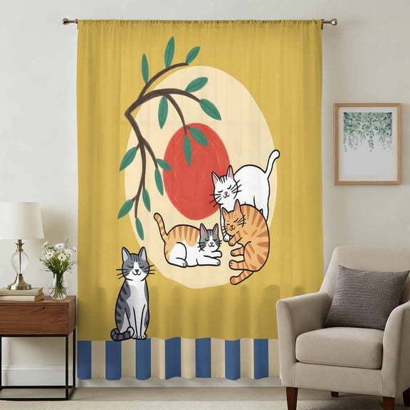 Yellow Cat Cartoon Sheer Curtains 84 Inches Long for Living Room, Summer Botanical Sun Modern Art Light Filtering Privacy Drapes, Breathable Semi Sheer Window Treatment for Bedroom Dining Room