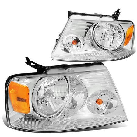 DNA Motoring HL-OH-F1504-CH-AM For 2004 to 2008 Ford F150 11th Gen Chrome Housing Amber Corner Headlight Headlamp 05 06 07 Left + Right