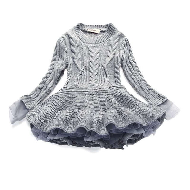 VKOYWKM Robe Chandail Tricotée pour Filles à Manches Longues, Col Ras du Cou, Robe Tutu, Douce, Unie, Patchwork en Tulle, Robes d'Hiver, Concours, Princesse