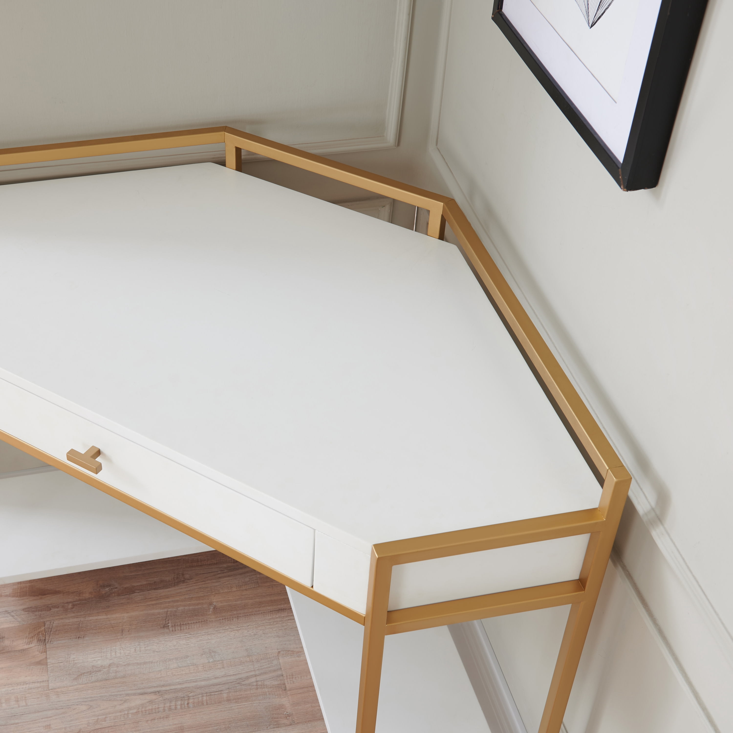 Leick Home Claudette Mixed Metal and Wood Corner Computer Desk, White/Satin Gold