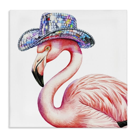 Stupell Industries Disco Hat on Flamingo Animals Painting Wrapped Canvas Canvas Art Print Wall Art, 17 x 17