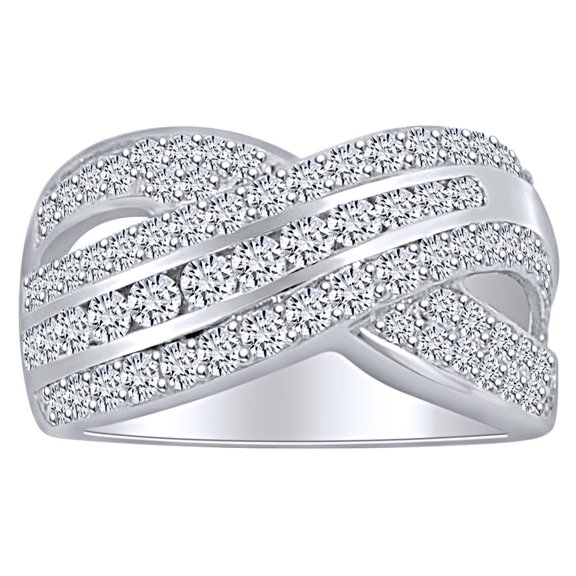 AFFY 1.90 Carat (Cttw) Round Shape White Natural Diamond Crossover Anniversary Band Ring In 14k Solid White Gold Ring Size-5