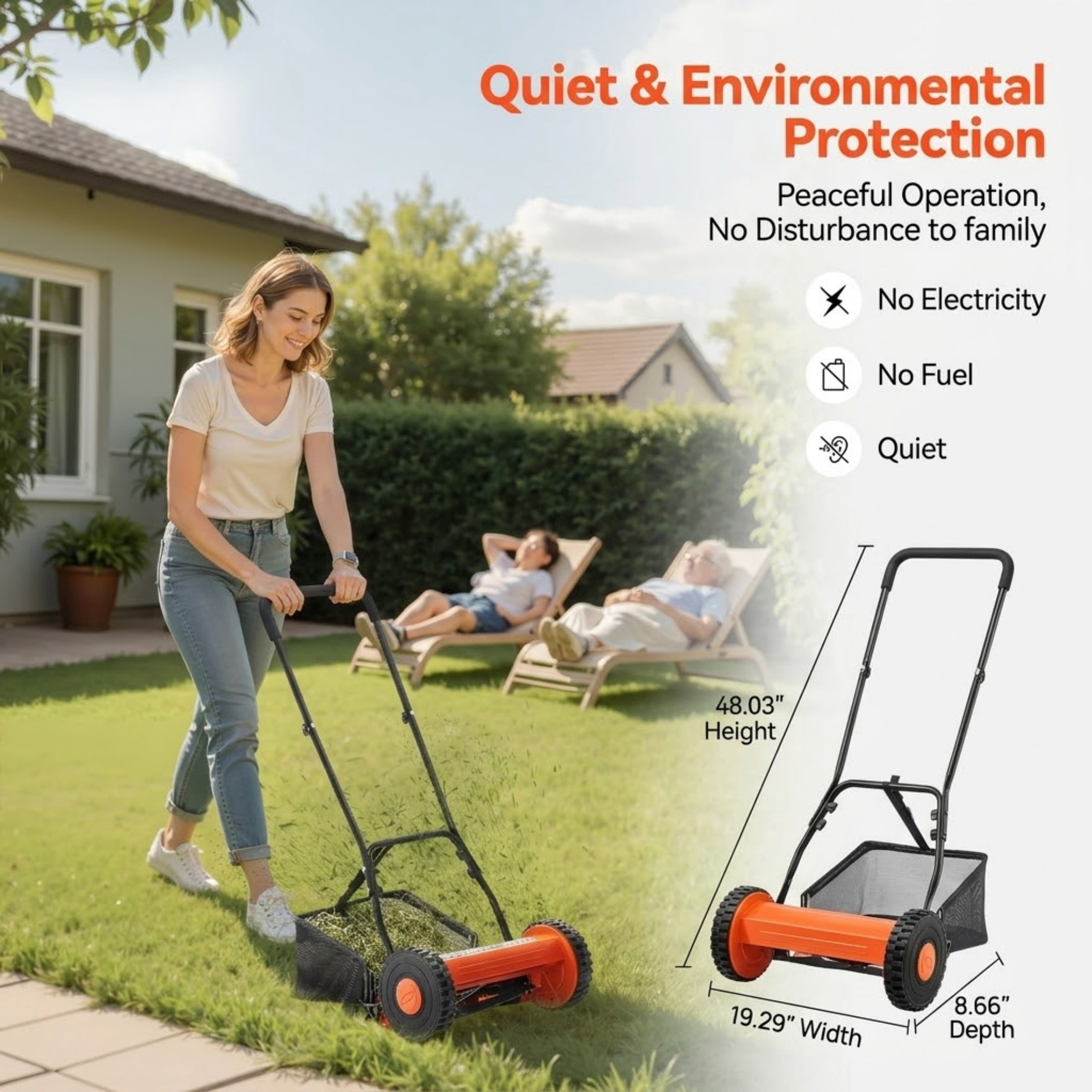 JUVOCT 14-Inch 5-Blade Push Reel Lawn Mower, Manual Walk-Behind Mower with Grass Catcher and Adjustable Height