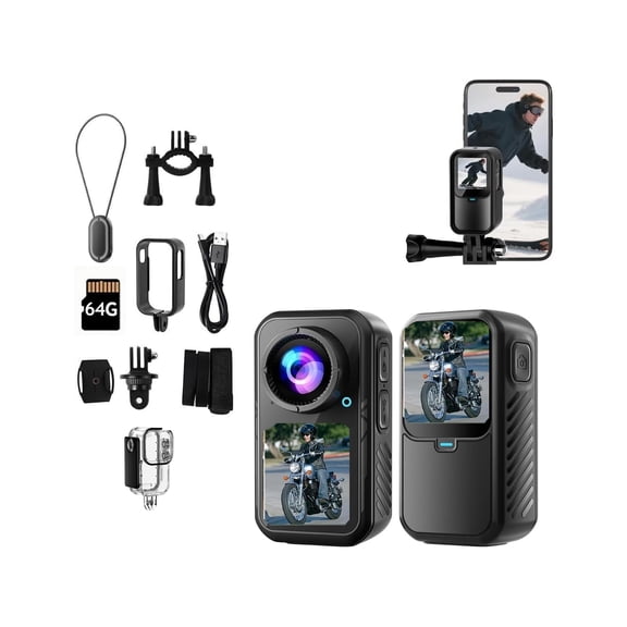 Mini Dual Screen Sports Camera 5K Thumb Action Camera,Wearable on Chest for POV Shooting with EIS StabilizationWiFi Remote Control 130°Wide for Running Cycling Swimming Hiking Adventures (64GB)