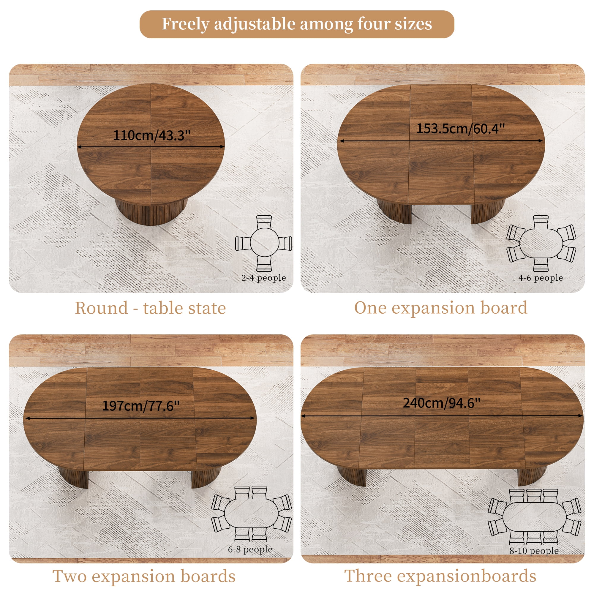 Diubas 43.3''-94.6'' Extendable Dining Table for 4-10, Round Expandable Kitchen Table with Dual Side Storage Shelves, Modern Farmhouse Oval Dinner Tables for Dining Room Kitchen Living Room(Walnut)