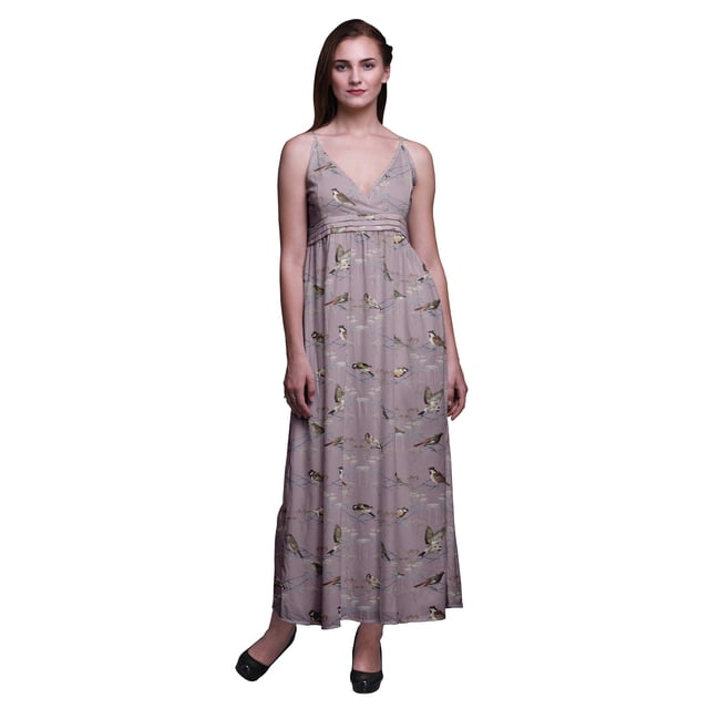 Bimba Robe Longue Maxi d'Été à Imprimé d'Oiseaux pour Femmes à Col en V, Tenue de Villégiature de Vacances - Petit