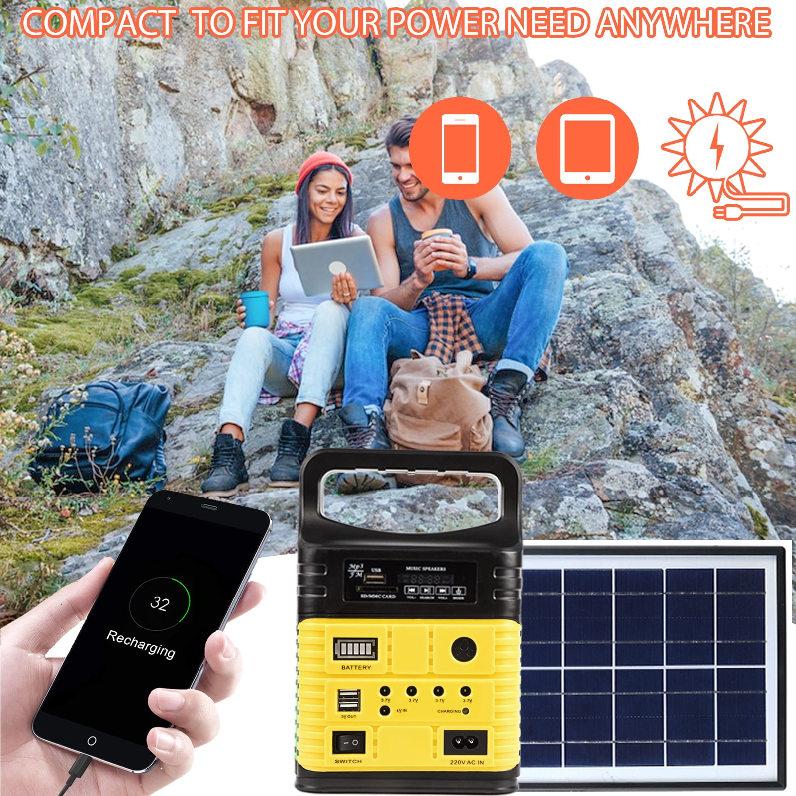 Portable Power Station,Solar Generator with Panels included,LiFePO4 Lithium Battery Pack Small Solar Powered Generator with DC/USB Outlets,LED Flashlight for Home Use,Outdoor Camping Quiet(Yellow)