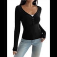 thumbnail image 2 of Camisa de Larga para Mujer, Cuello en V, Botones, Punto Acanalado, Corte Entallado, Informal, Básica, para y Otoño Negro S, 2 of 9