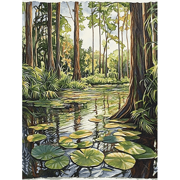 Swamp Cypress and Lily Pads Watercolor Canvas Art Print， Suitable for Living Room， Bedroom， Bathroom， Office， and Hallway Decoration.