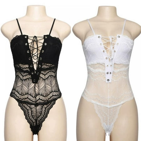 

Women s Sexy Lace Front Strapped Camisole One Piece Lingerie Bodysuit Sheer Intimate Underwear