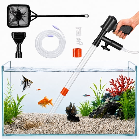 SLOCME Manual Aquarium Water Changer Kit - Fish Tank Gravel Vacuum Cleaner with Press Pump, Detachable Scraper Head, Hose Clips and Bonus Fish Net