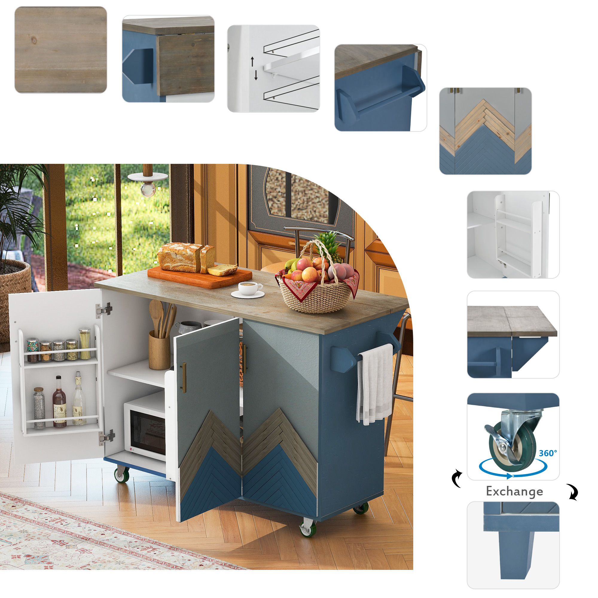 DEALTOPS 51"L Retro Mountain Wood Rolling Kitchen Island with Drop Leaf, Internal Storage Rack for Dining Room-Navy Blue