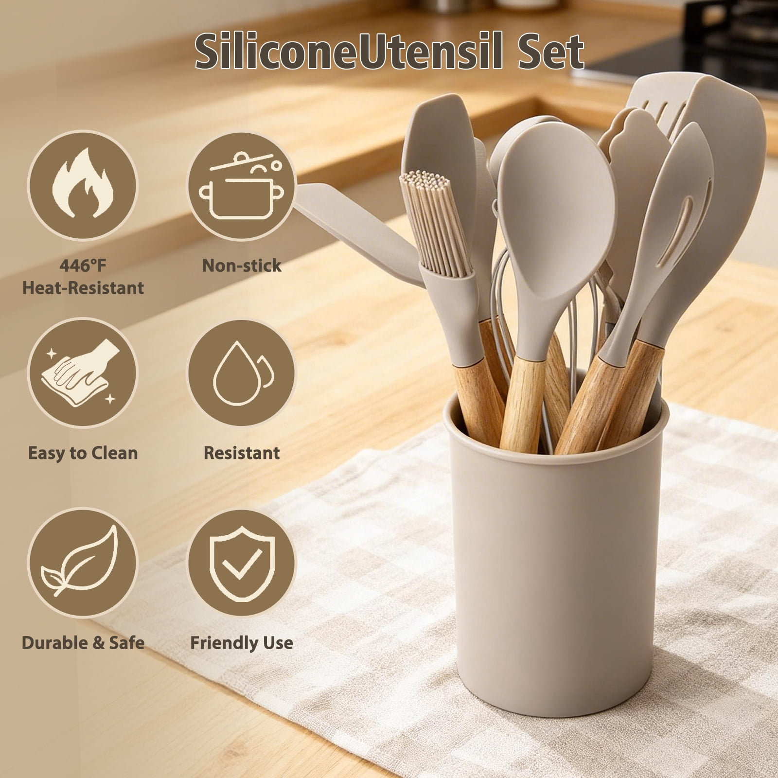 Silicone Cooking Utensils Set, Heat Resistant Kitchen Tools, 36 PCS Non-Stick Silicone Cooking Kitchen Utensils, Khaki