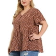 thumbnail image 4 of MODA NOVA Juniors Plus Size Floral V Neck Short Sleeve Ruffle Peplum Blouse Brown 2X, 4 of 6