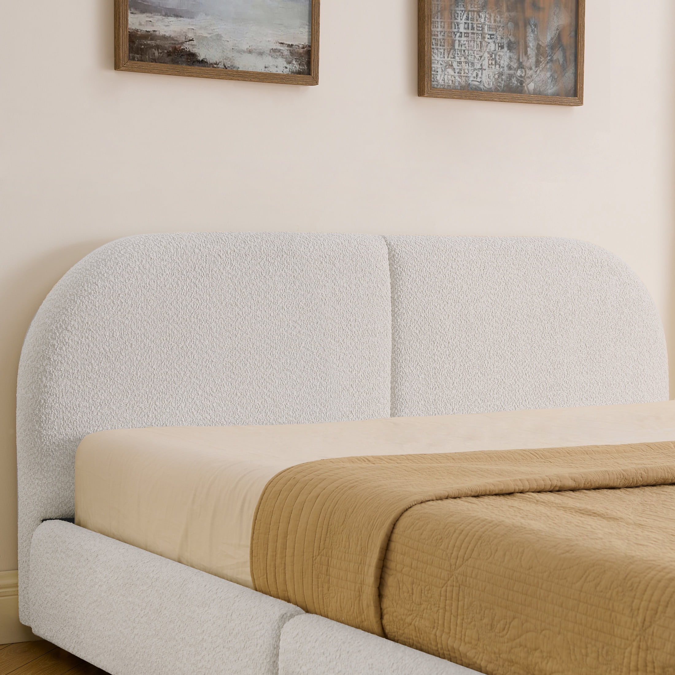 Noble House Elbert Queen Size Upholstered Bed Frame, Circle Yarn Tall Curved Headboard with Storage Drawers, Beige
