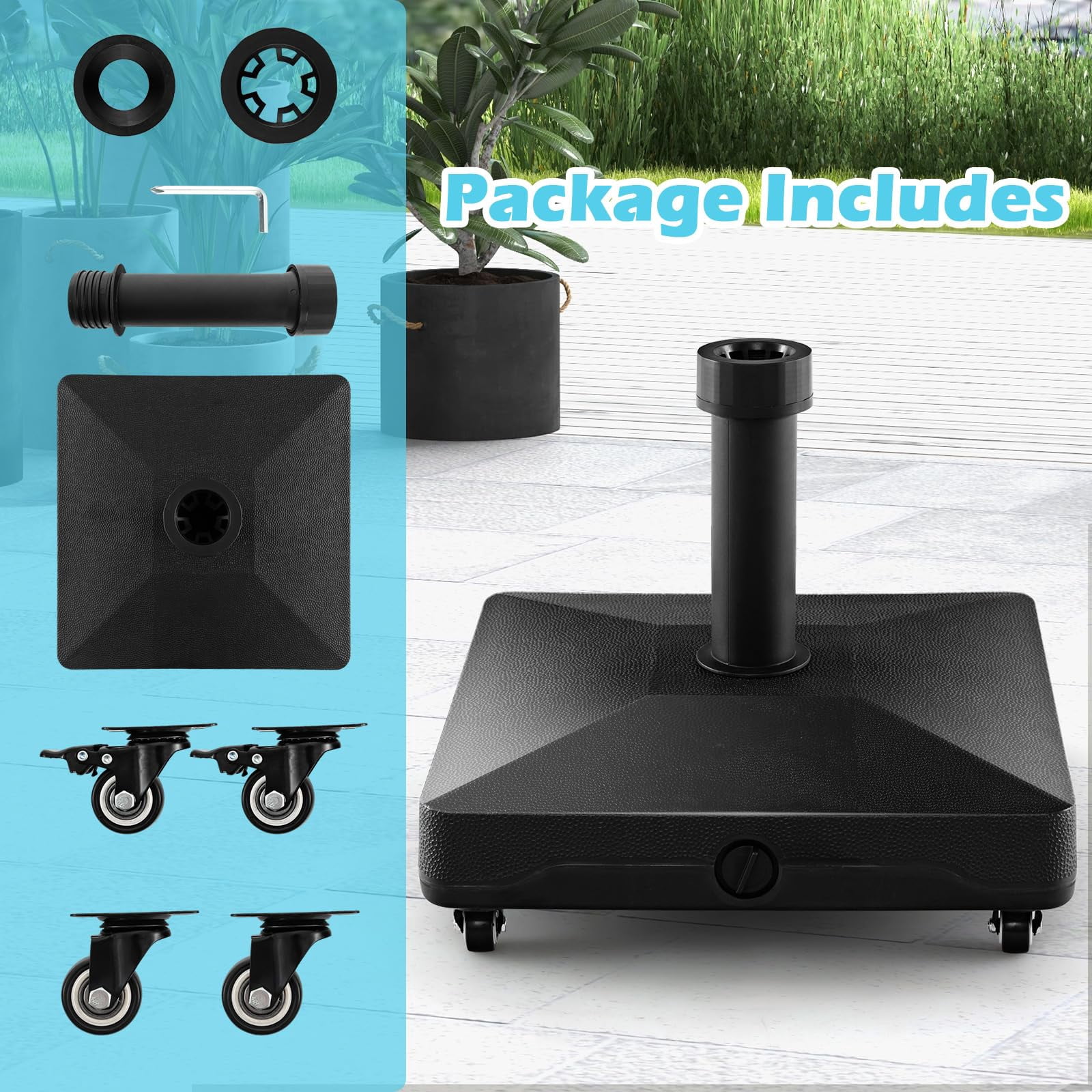Giantex Umbrella Base with Wheels, 54 lbs Fillable Mobile Umbrella Base, Water or Sand Filled, Heavy Duty Weighted Market Table Umbrella Stand Holder for Patio Poolside Deck Garden Outdoor