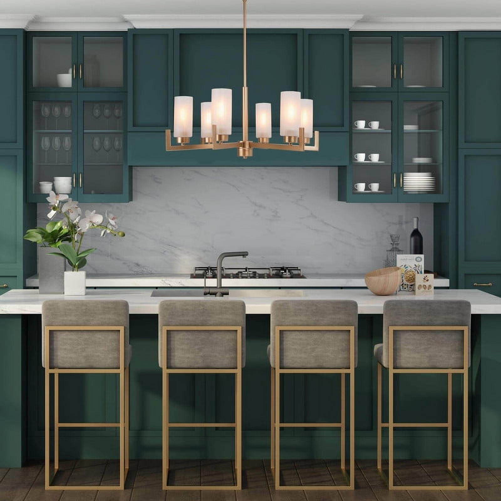 LNC 6-Light Gold Linear Chandelier with Frosted Glass for Kitchen or Dining Room