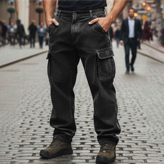 CQONEPT Mens Cargo Pants Corduroy Workouts Lounge Tactical Pants Athletic Running Trousers with Multi Pockets Black L