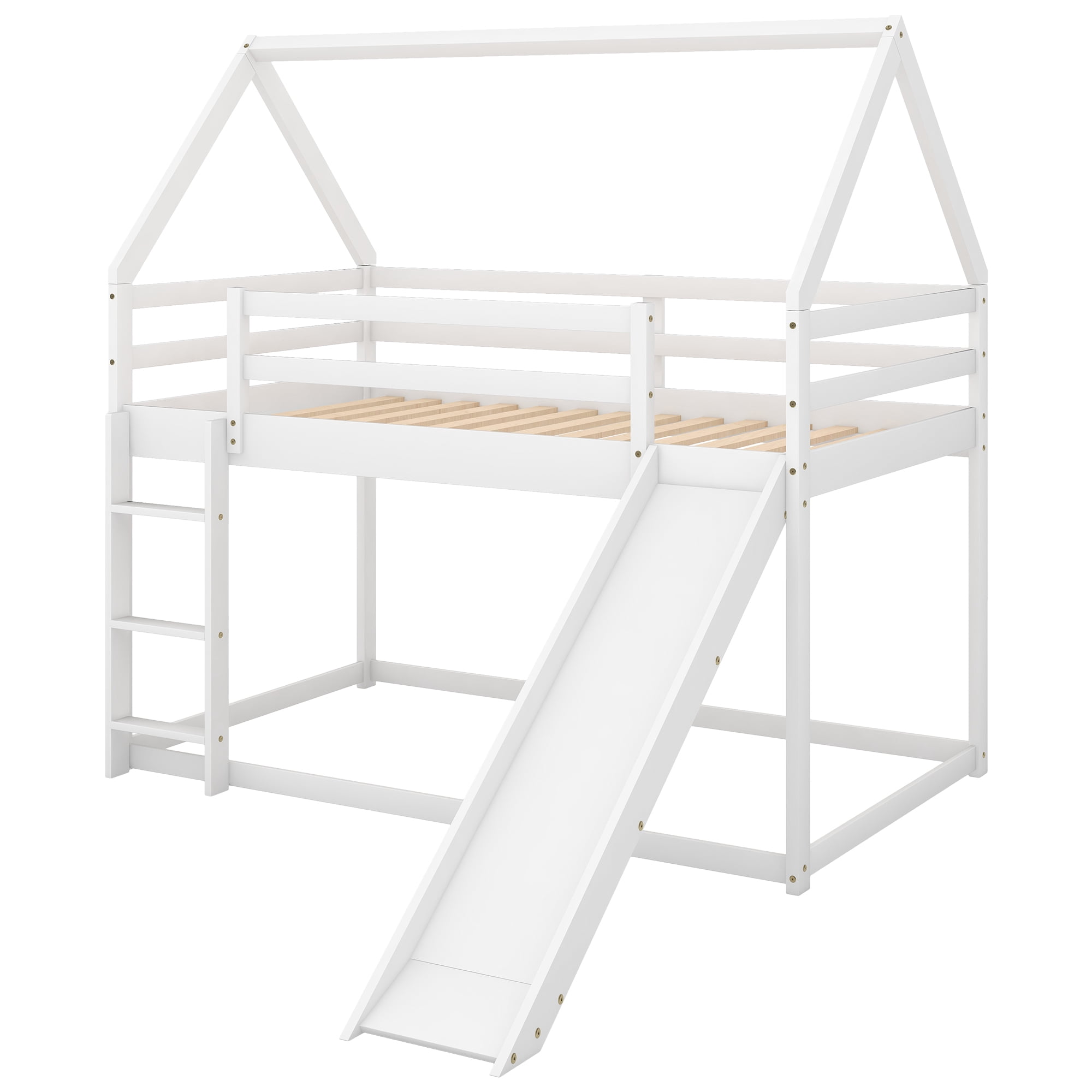 Euroco Pine Wood Bunk Bed, Twin-over-Twin with Slide for Kids Teens Bedroom, White