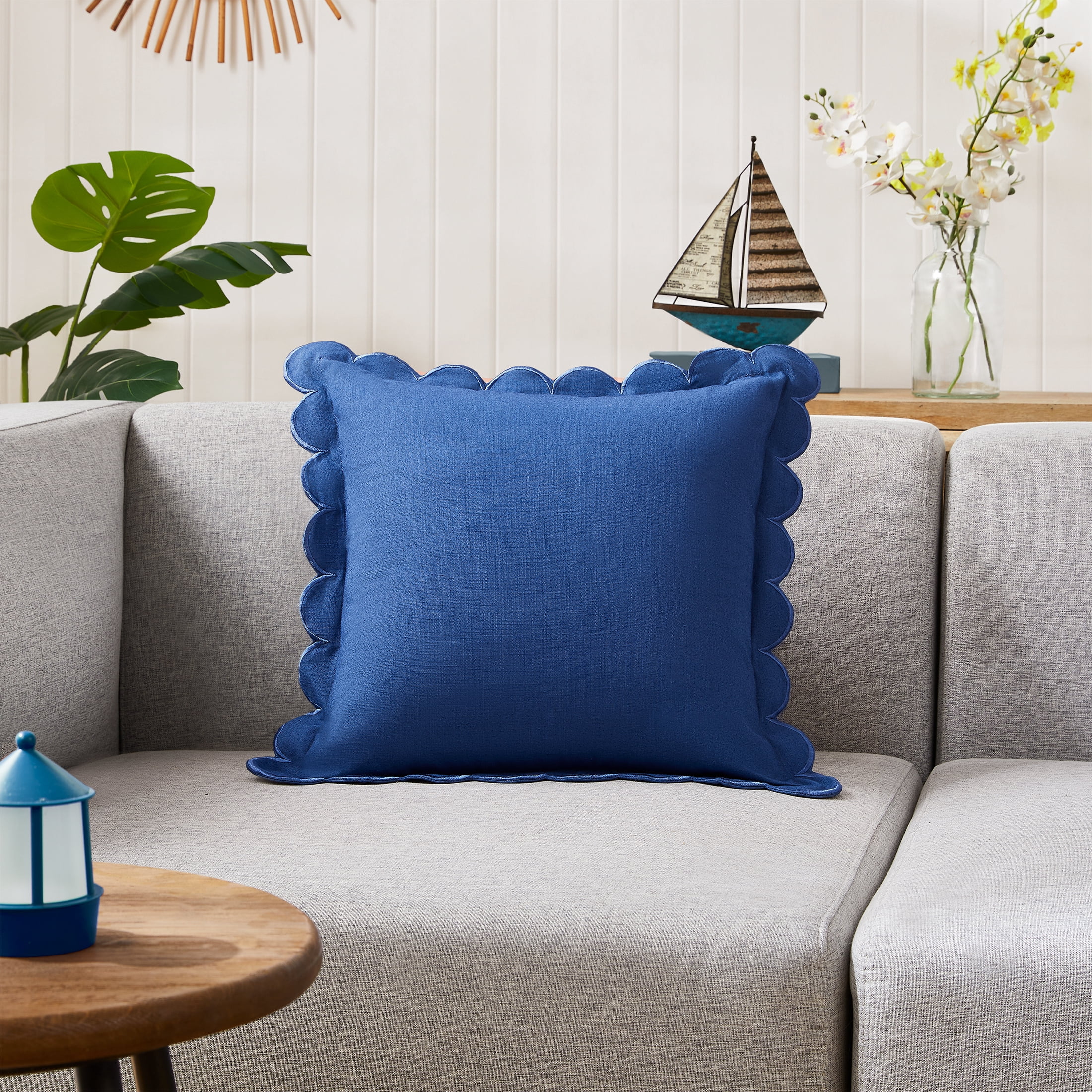 Coastal Living 18" x 18" Blue Scallop 100% Cotton Decorative Throw Pillow for Couch or Bed