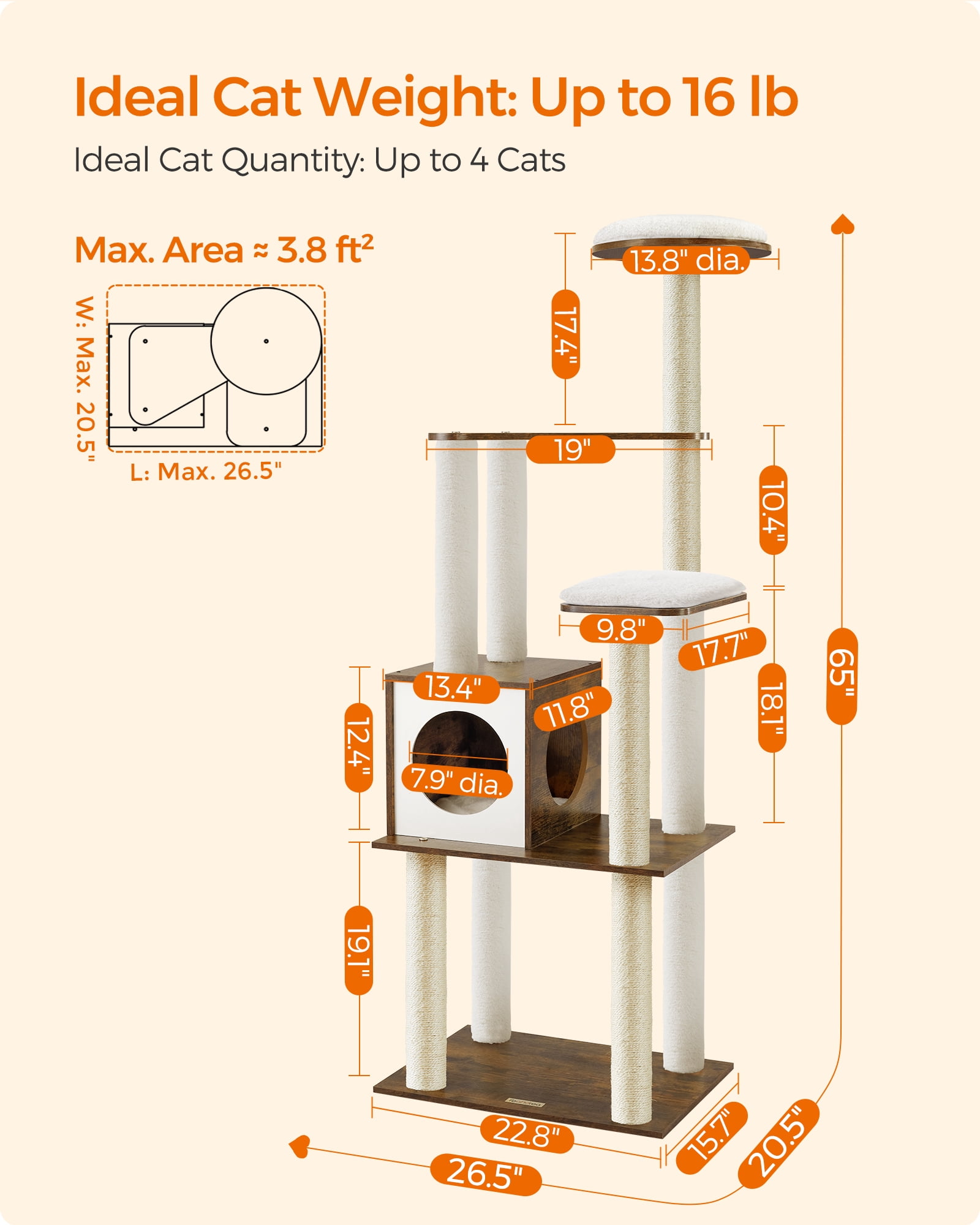 WoodyWonders Cat Tree, 65-Inch Modern Cat Tower for Indoor Cats, Multi-Level Cat Condo with Scratching Posts, Cat Furniture, Rustic Brown