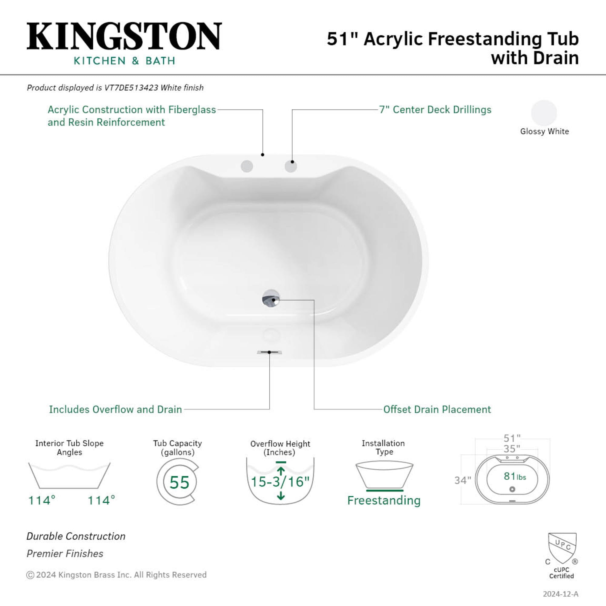 Kingston Brass VT7DE513423 51" Acrylic Oval Double Ended Freestanding Tub with Drain, Glossy White