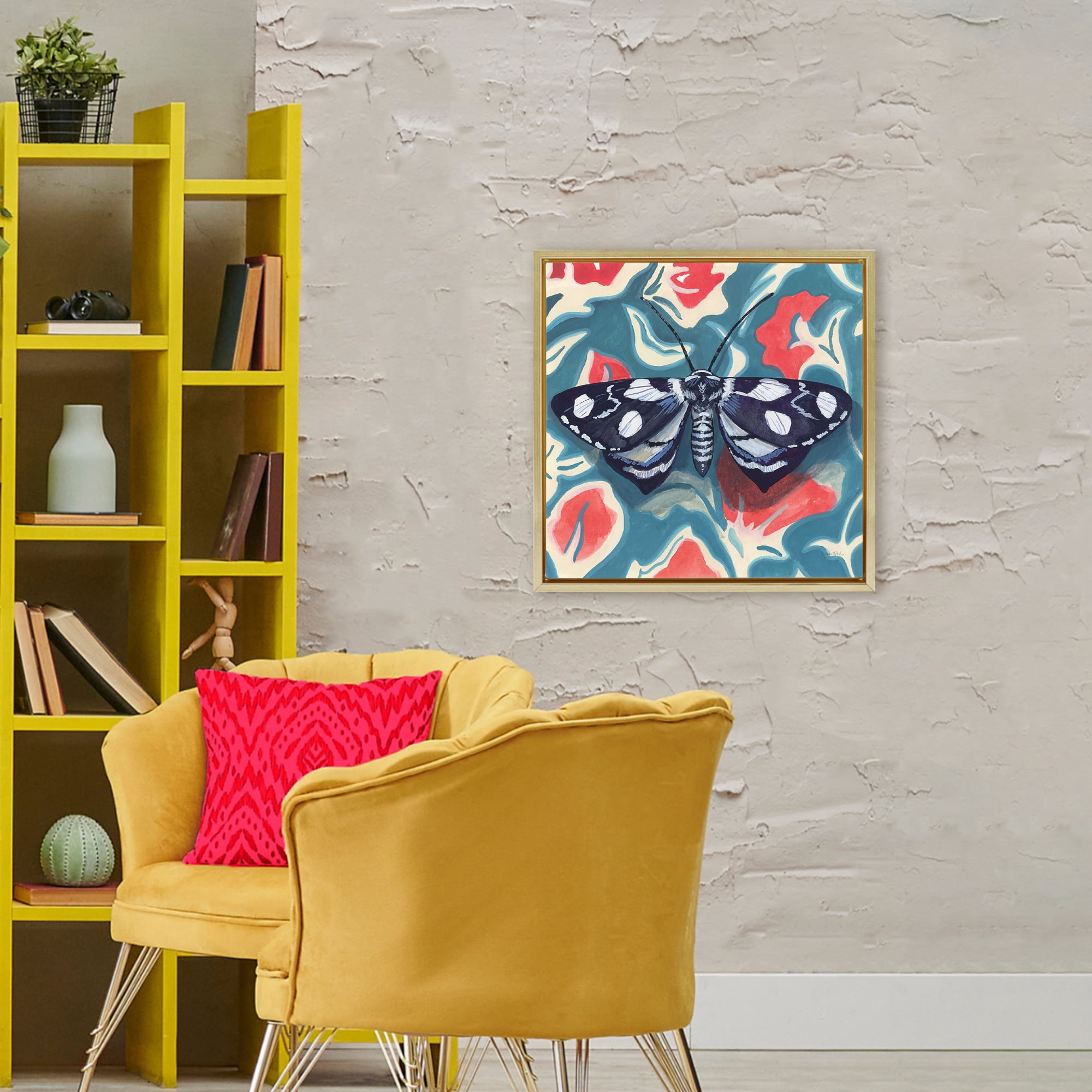 Stupell Industries Symmetrical Moth On Beautiful Flowers Gold Framed Floater Canvas Wall Art, design by Kate Jarvik Birch