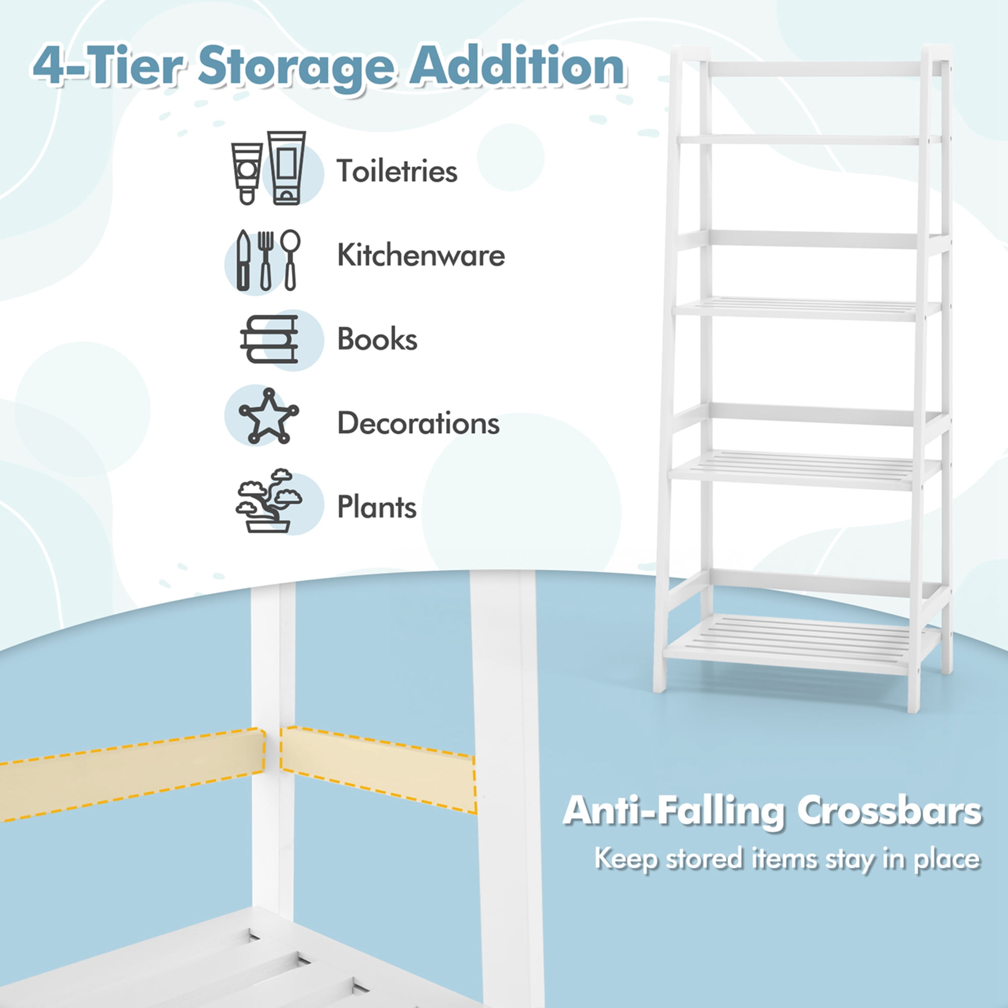 Costway Multifunctional 4 Shelf Bamboo Bookcase Ladder Plant Flower Stand Rack Storage White
