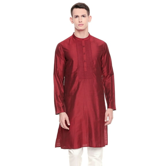 Shatranj Men's Indian Classic Collar Hand Embroidered Placket Long Kurta Tunic; Maroon; XL
